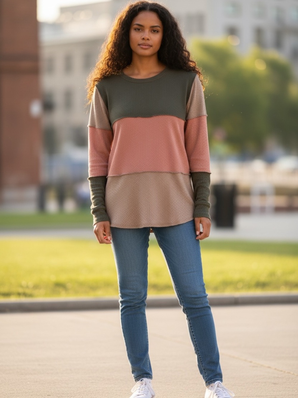 HEIMISH USA Lg Women's Multicolor Waffle Crewneck Top